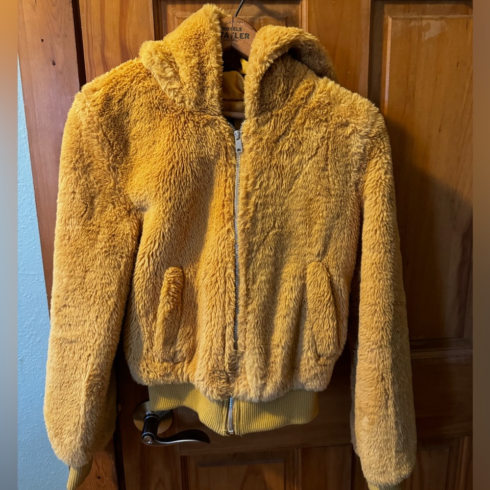 Fuzzy Mustard Hooded Bomber Jacket